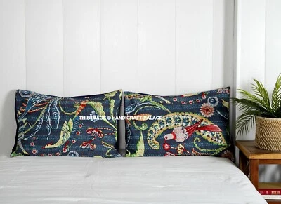 2 PC's Bird Print Kantha Cushion Cover Throws Indian Handmade Cotton Pillow Sham - Image 1 of 3