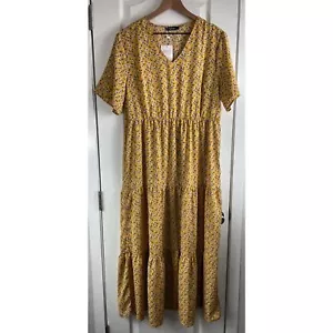 Women's Yellow Floral Boho Short Sleeve V-Neck Tiered Maxi Dress Size L - NWT - Picture 1 of 12
