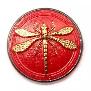 Bottone vetro libellula vintage ceco oro 14k oro rosso dorato 30mm - Foto 1 di 3