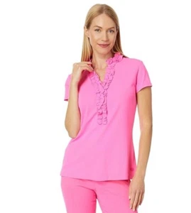 Lilly Pulitzer women’s UPF 50 Luxletic Frida Ruffle Polo Top in pink Isle size S - Picture 1 of 9