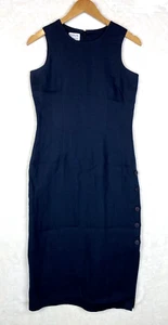 Vintage Talbots Dress Womens 4Petite Midi Sheath Black 100% Linen Buttons Career - Picture 1 of 10