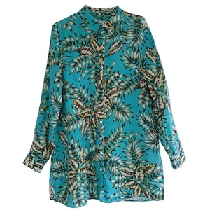 C&C California Size S Blue Green Linen Button Up Long Sleeve Roll Tab Tunic Top - Picture 1 of 6