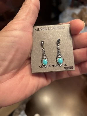 Marcasite Teardrop Blue Turquoise Dangle Earrings Silver NEW - Image 1 of 4