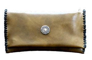 Geldscheintasche Tabaktasche Leder braun Kristall Zierniete Etui Magnet Unikat - Picture 1 of 4