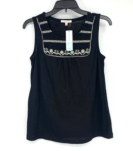 Skies Are Blue Top Womens Size Small Black Bette Embroidered Bib Knit Sleeveless - Picture 1 of 8