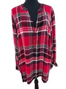 Lane Bryant Woman Plus SZ 18/20 Red Plaid Tunic Top V Neck Long Back Lightweight - Picture 1 of 5