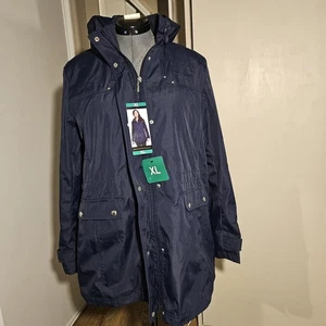 Damen XL wetterfeste blaue Anorak Jacke abnehmbare Kapuze Cinch Taille Taschen. - Bild 1 von 11