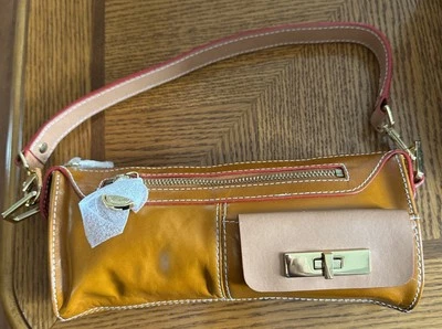 Bolso de hombro de cuero ISAAC MIZRAHI LIVE bloque de color naranja/bronceado Foto 1 de 4