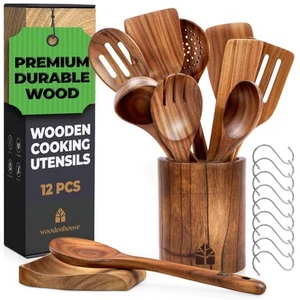Wooden Spoons for Cooking – Wooden Cooking Utensils Set with Holder, Spoon Re... - Picture 1 of 8
