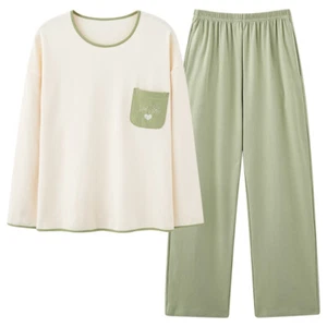Cotton Women's Pajama Set 2 Pcs Long Sleeve Sleepwear Button Front Long PJ Pants - Picture 1 of 8