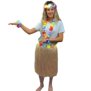 Costume Set Hawaiian Grass Skirt With Flower Lei, Headband & Wristlets 5 Pc Set - Picture 1 of 8