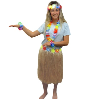 Conjunto de disfraces falda hawaiana de hierba con flor Lei, diadema y muñecas conjunto de 5 piezas Foto 1 de 4