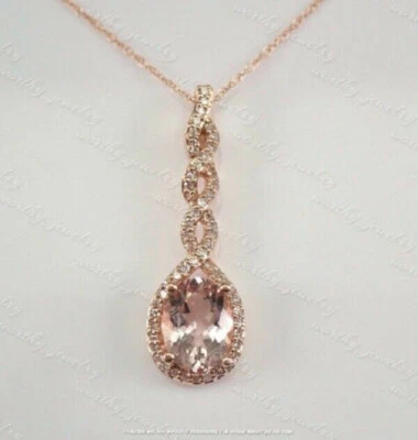 2Ct Lab создал морганит бриллиант висячий подвеска 18» ожерелье 14KRose золото Fn - Изображение 1 из 4