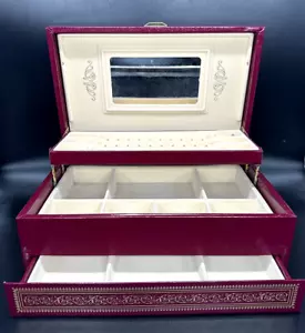 Vintage Mele USA 3 Tier Red Maroon Gold Jewelry Box Large 12.5" x 8" w/Mirror - Foto 1 di 15
