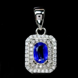 925 STERLING 925 SILVER PENDANT NATURAL BLUE KYANITE OVAL & WHITE CZ GEMSTONE - Picture 1 of 8