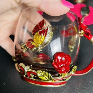 2 Glass Valentine Mugs Coffee Cup Applied Flowers & Butterflies w/Spoon 10oz - Picture 1 of 19