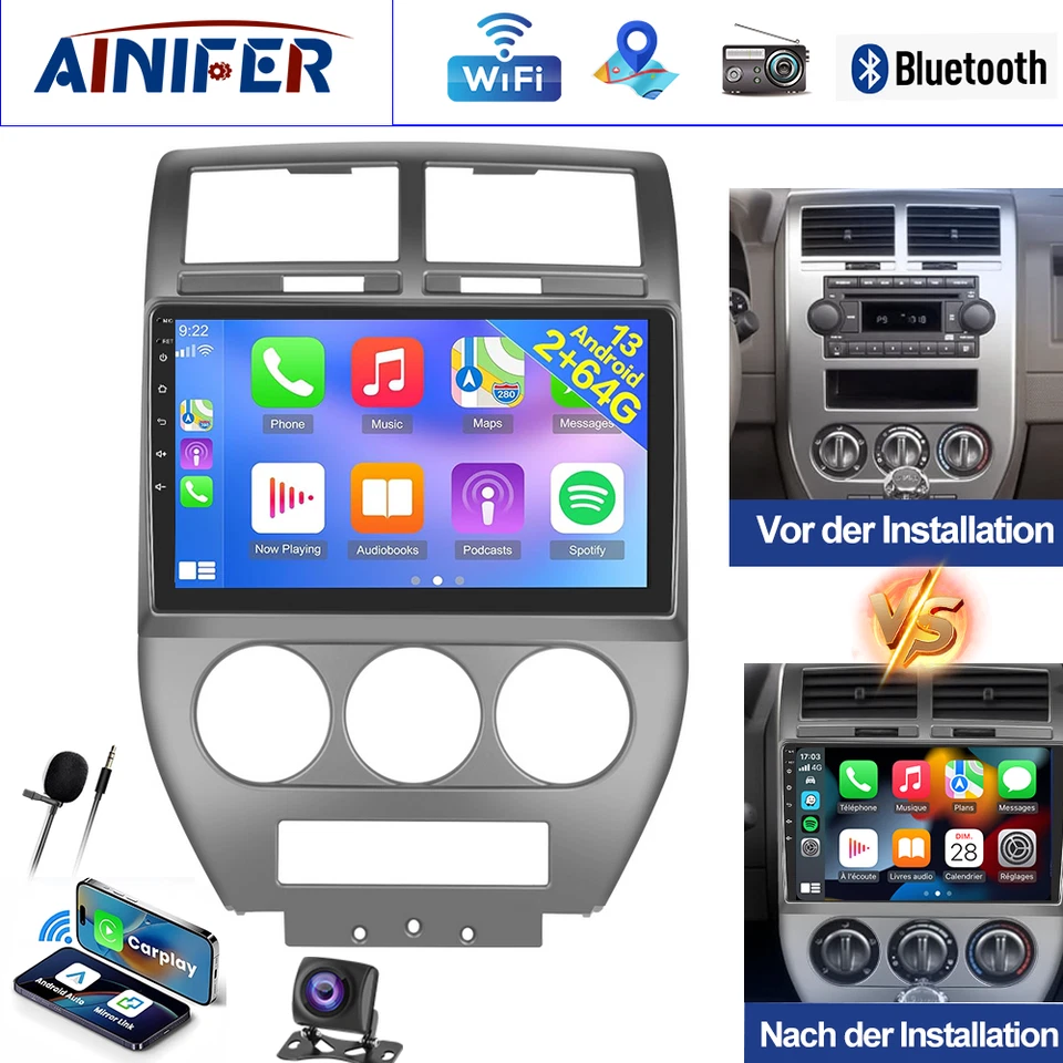 2+64GB CarPlay Android13 Radio Für Jeep Compass 2007-2010  GPS Navi BT Kamera - Bild 1 von 4