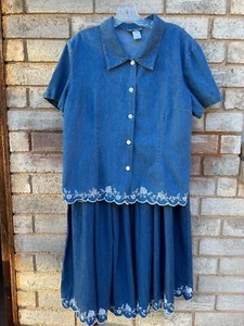 Long Denim Skirt and Blouse Set Stonebridge Sz L Embroidered Scalloped Hem - Picture 1 of 12