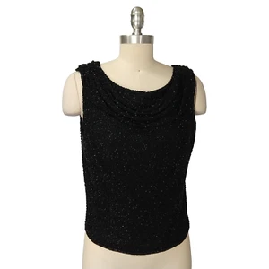 Cache Vintage Beaded Cowl Neck Top Size 10 M Black 100% Silk Formal Sleeveless - Picture 1 of 12