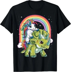 Unicorn Riding Dinosaur Triceratops Funny Boys Girls Rainbow Gift Unisex T-Shirt - Picture 1 of 3