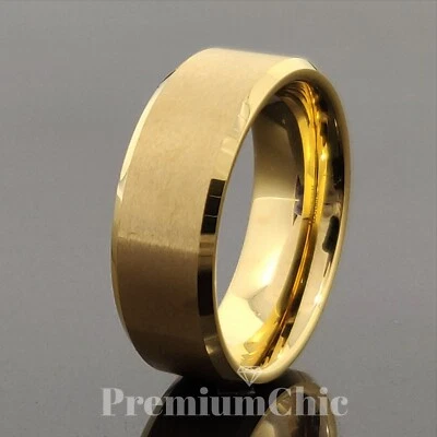 Anel de aliança de casamento masculino folheado a ouro 24k com borda chanfrada escovada - Imagem 1 de 4