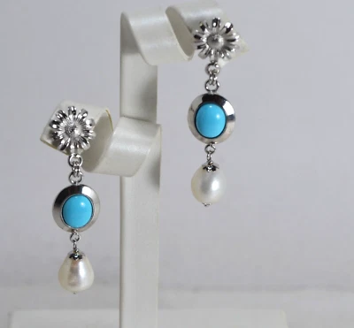 ORECCHINI ARGENTO 925 CABOCHON TURCHESE NATURALE PERLE D'ACQUA DOLCE   AGHT 0936 - Immagine 1 di 3