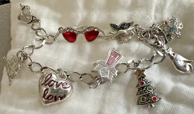 Sterling Silver Love Xmas Sister Cat Fairy Multi Charm Bracelet ATI Italy 7" - Image 1 of 4