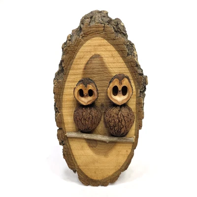 Lindo arte de pared hecho a mano de nogal con cáscara de búhos colgando en placa de madera natural Foto 1 de 4