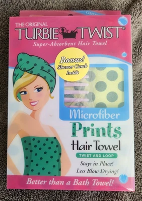 The Original Turbie Twist Hair Towel With Shower Comb Green Polka Dot - NEW - Image 1 of 2