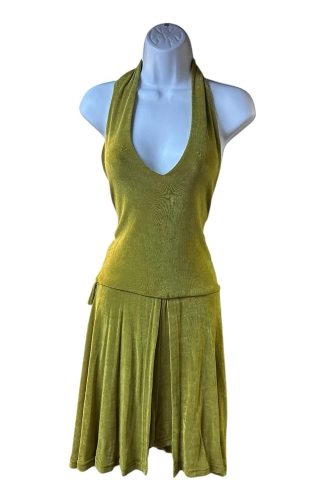Cache Chartreuse Slinky Tejido Halter Skort Vestido Mameluco Y2K Ropa de Club Talla 12 EE. UU. Foto 1 de 4