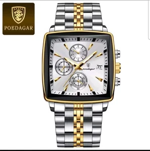 2024 POEDAGAR Luxury Men's Quartz Watch Square 3Bar Chronograph Stainless Steel - Picture 1 of 1