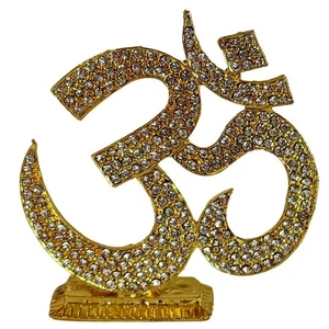 Brass Om Symbol Showpiece with Stone Embellishments |Compact Om Idol - 7x7.5cm. - Picture 1 of 5