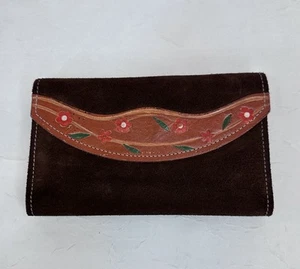 Cartera sin asas vintage de gamuza hippie de los años 70 con cierre a presión floral de cuero marrón Brasil - Imagen 1 de 8