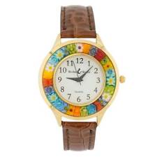 GlassOfVenice Serena Murano Millefiori Watch With Leather Band - Gold Brown