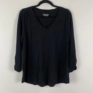 Chicos 3/4 Sleeve Slub Tee T Shirt Size 3 US XL Black V Neck Knit - Picture 1 of 12