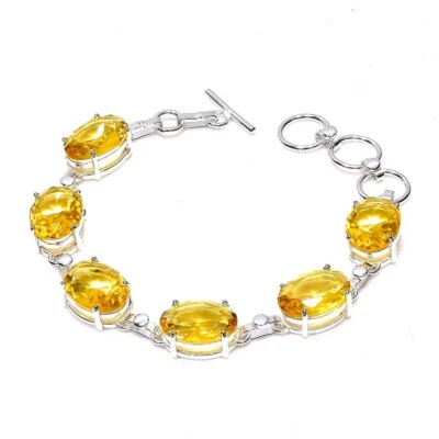 Yellow Citrine Gemstone Jewelry 925 Sterling Silver Chain Bracelet For Women - Image 1 of 4