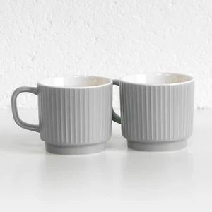 Set of 2 Grey Coffee Mugs 370ml Ribbed Stackable 13oz Ceramic China Tea Cups - Picture 1 of 4