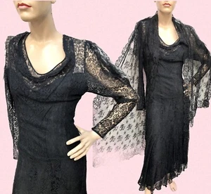 VTG 1930s WITCHY Bias-Cut BLACK LACE FLAPPER Gown w/Shoulder Wings GOTH WEDDING - Picture 1 of 18
