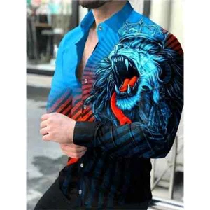 Fashion Men Long Sleeve Shirts Lapel Lion Print Buttoned Shirt Casual Long - Foto 1 di 43