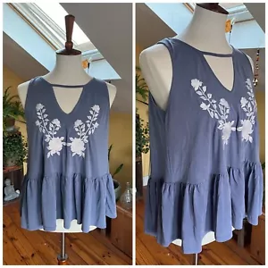 Alya Women Peplum Shirt Medium Sleeveless Floral Embroidery Tank Top Stretch - Picture 1 of 5