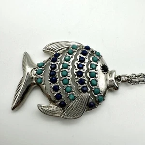 Silver Tone Fish Necklace-Blue & Aqua Stones-20” Chain W/3” Extender - Picture 1 of 4