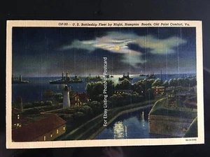 WWI US Navy Atlantic Battleship Fleet at Night Hampton Roads Virginia Postcard - Picture 1 of 2