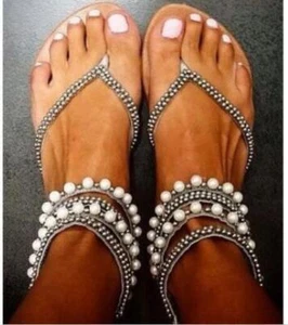 Womens Beads Flip Flops Shoes Flat Heel roman Style Plus Sz Gladiator Sandals - Picture 1 of 13