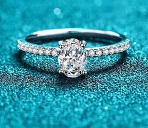 2 Carat Oval Moissanite and Zircon Rhodium Plated 925 Sterling Engagement Ring - Picture 1 of 4