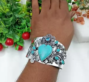 Turquoise & Turquoise Gemstone 925 sterling Silver Jewelry Cuff Bracelet - Picture 1 of 5
