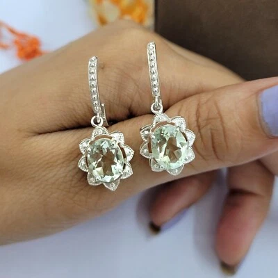 Brincos pendurados/gotas de ametista verde natural 925 prata maciça corte oval presentes - Imagem 1 de 4