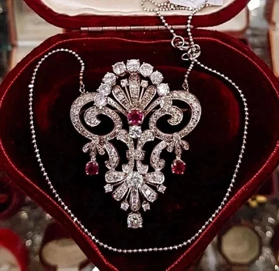 3Ct Round Lab Created Ruby Art Deco Beautiful Women Pendant 14KWhite Gold Plated - Image 1 of 4