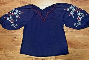 Solitaire Johnny Was Stil Marine Blumen bestickt 3/4 Ärmel Bauern Boho EUC M - Bild 1 von 12