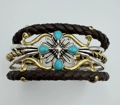 Puño turquesa envolvente de cuero latón plata esterlina oeste americano Carolyn Pollack Foto 1 de 4