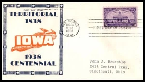 1938 IOWA centennial 100th anniversary Sc 838-59 FDC with Warneford cachet (16F - Picture 1 of 1